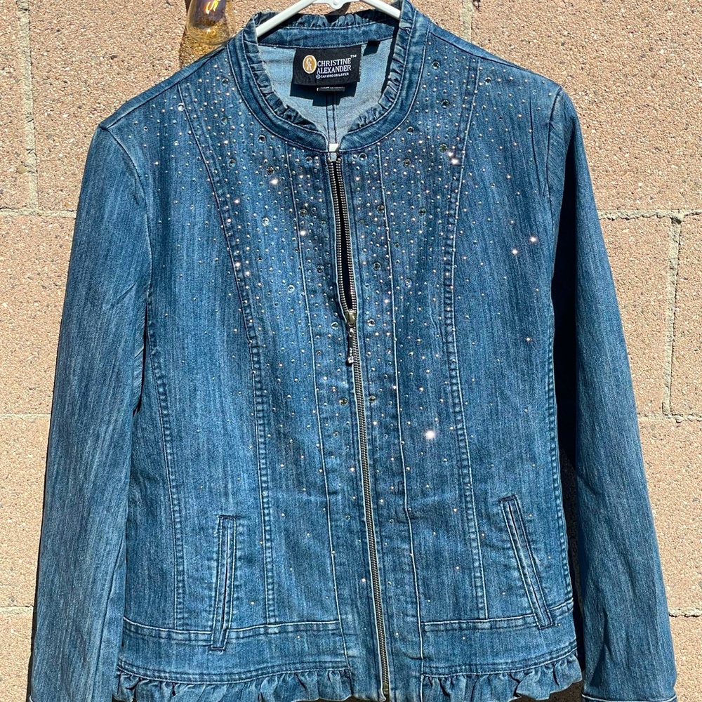 Vintage Christine Alexander Blue Jean Denim Jacket Crystal Rhinestone Ruffle Zip
